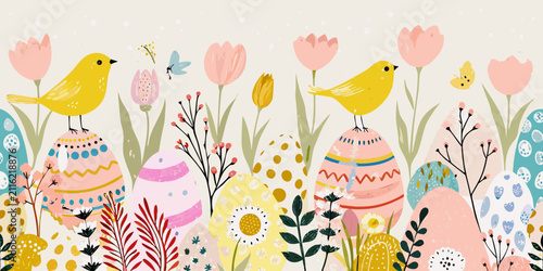 Fotografía Floral ornament with birds and decorated eggs vector illustration
