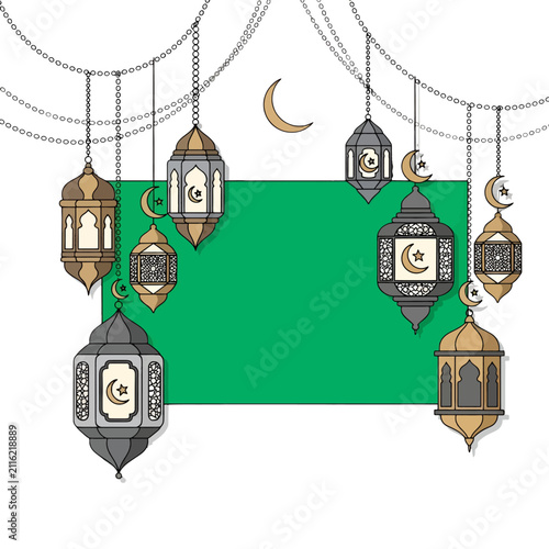 Decorative hanging lanterns arranged around a central green rectangular frame
