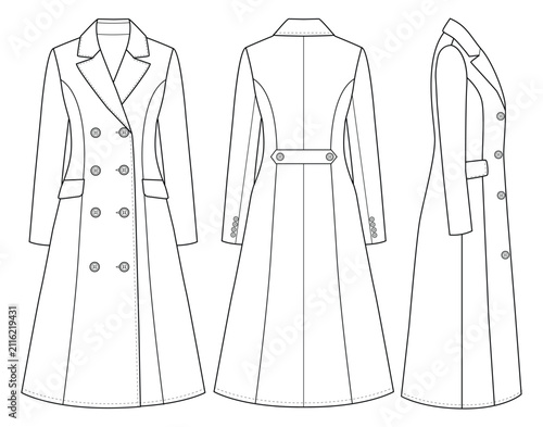 Women’s Long Double-Breasted Trench Coat Technical Fashion Flat Illustration