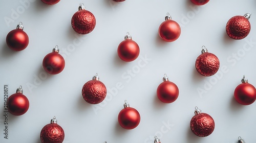 A festive arrangement of red Christmas ornaments on a white background.