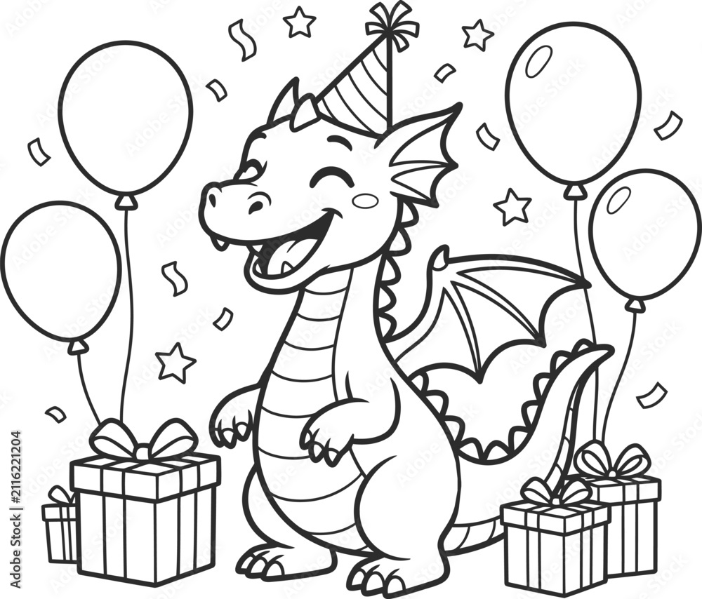 Fototapeta premium Cute dragon celebrating a birthday for a fun kids coloring page book illustration