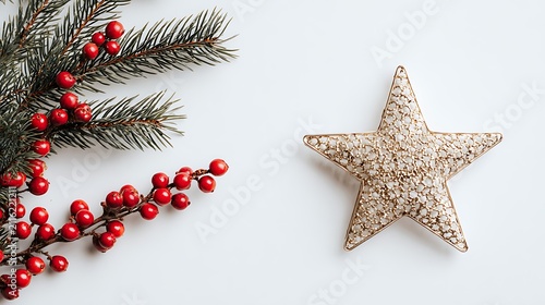 A festive golden star with red berries and evergreen branches on a white background, representing the holiday season.