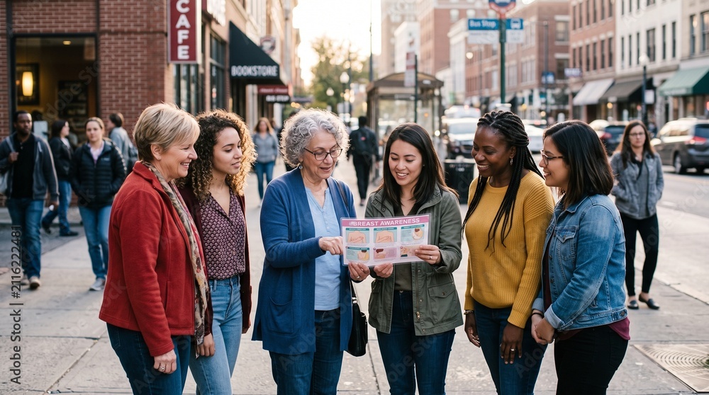 Fototapeta premium Diverse women discuss breast awareness information on a city sidewalk
