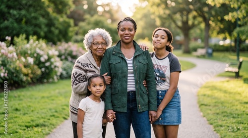 Four generations of women smiling together in a park during golden hour