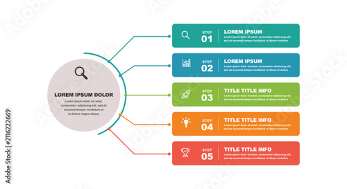 Five steps timeline process horizontal diagram infographic template featuring colorful step bars central circle connected line layout vector