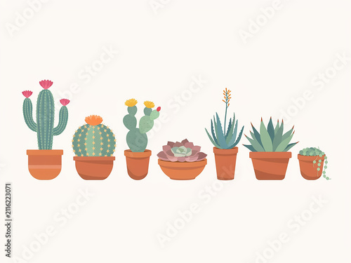 Decorative set of various potted cactus and succulent plant icons