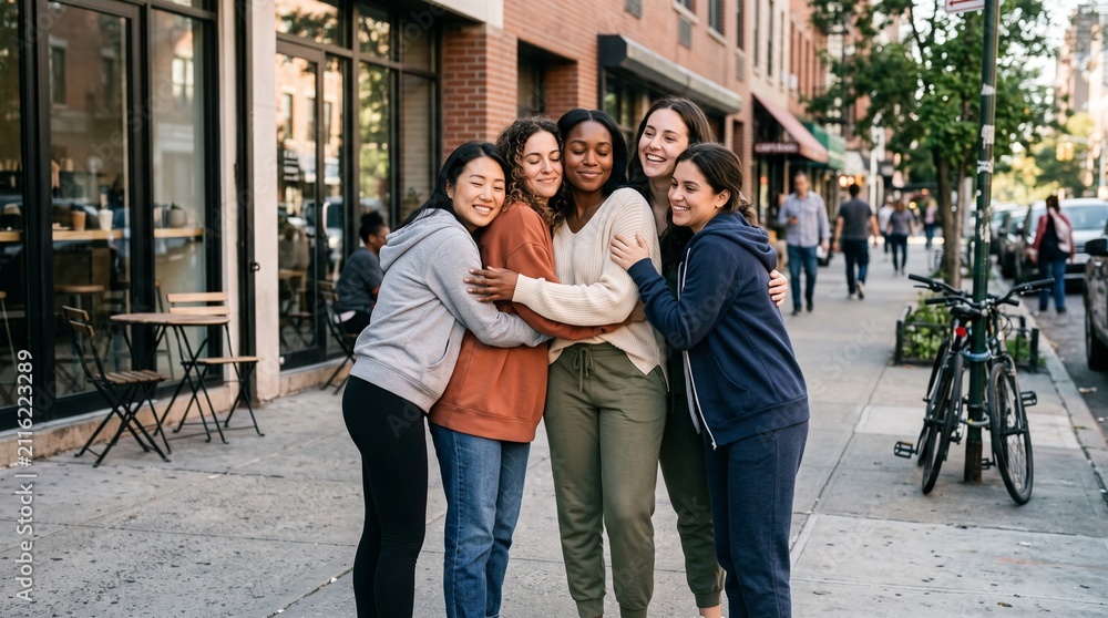 Fototapeta premium Diverse group of young women hugging warmly on a city sidewalk