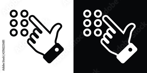 Minimal flat vector icon of a hand pressing a keypad button. Black and white outline glyph representing numeric input, access control, touchscreen interaction, digital interface, and button selection.
