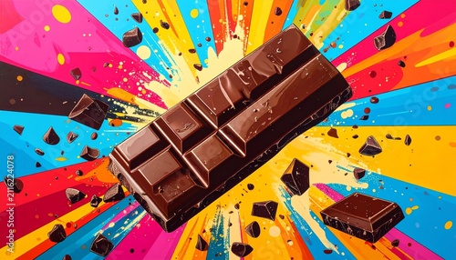 A dark brown segmented chocolate bar with pieces breaking off, surrounded by vibrant splashes of yellow, orange, blue, pink, and red, creating a dynamic energetic background that emphasizes excitement