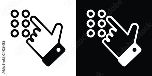 Minimal flat vector icon of a hand pressing a keypad button. Black and white outline glyph representing numeric input, access control, touchscreen interaction, digital interface, and button selection.