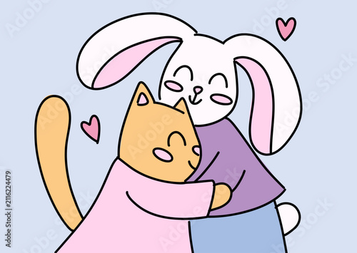 Foto Kawaii Cute Anime Cat And Bunny Hugging Illustration Showing Friendship, Love An