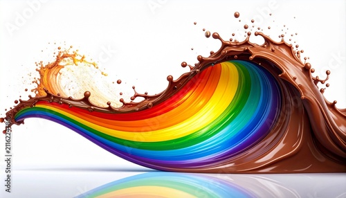 A dynamic splash of brown liquid resembling chocolate merging seamlessly with a vivid rainbow wave of red, orange, yellow, green, blue, and violet, flowing across a white background in fluid motion.