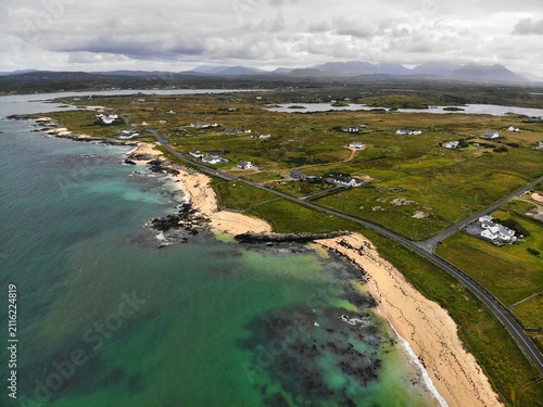 Connemara coast in Ireland. Drone point of view. Summer view of Coral Strand in Derrygimla.