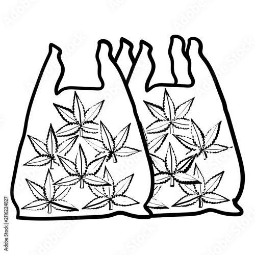 two large plastic shopping bags filled with cannabis leaves concept, Marijuana Packaging or storage vector icon design, weed transport stock illustration