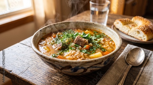 Steaming hot bowl of hearty beef and vegetable soup served on a rustic wooden table with fresh bread and water