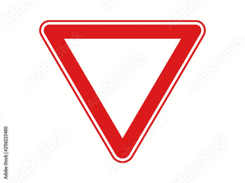 Red and white yield road sign warning symbol isolated on white background for traffic safety