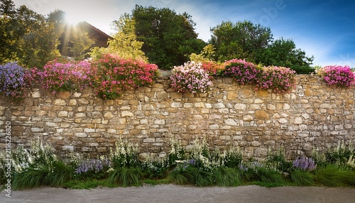 Plakat stone wall with flowers