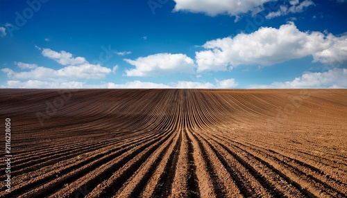 dark brown soil texture freshly plowed field rows visible blue sky with clouds background suggesting new beginnings agriculture and growth