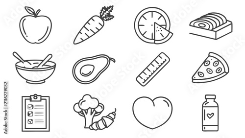 Cuadro en lienzo Minimalist line icons set for healthy diet planning nutrition tracking and welln