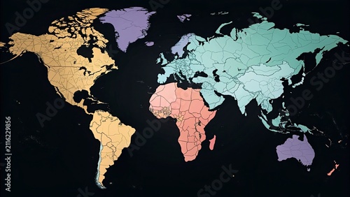 Colorful world map for global business and travel planning. Educational geographic chart for international markets and worldwide navigation.