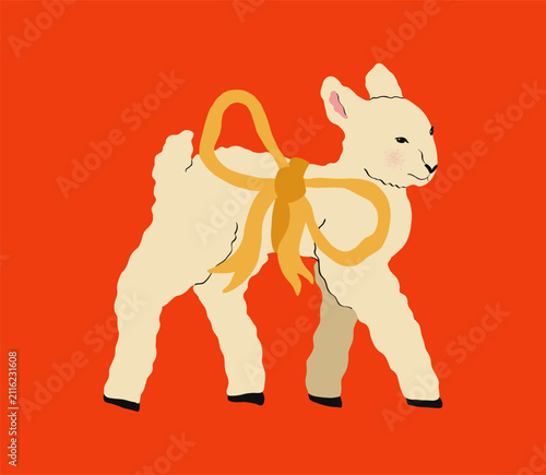 Cute White Sheep with Large Yellow Bow Kawaii Vector Illustration