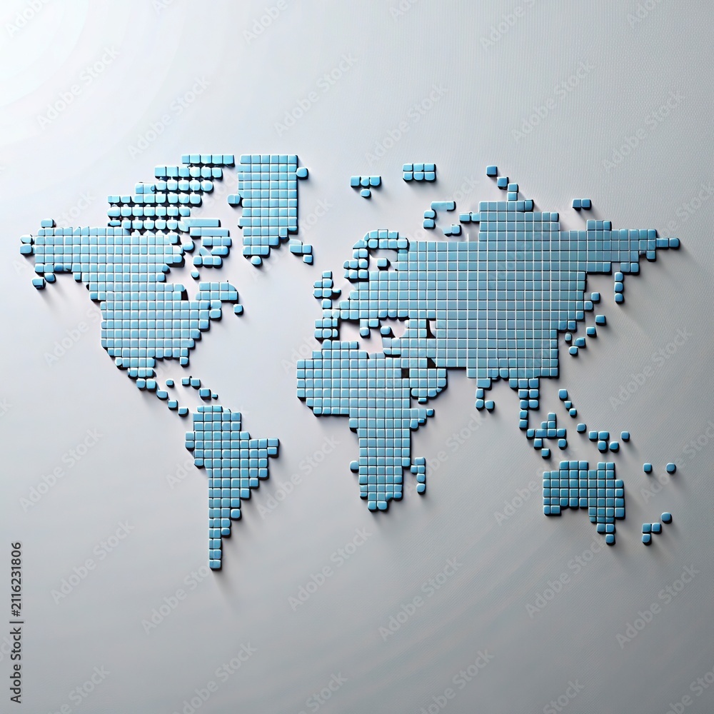 Fototapeta premium World map made of blue puzzle pieces. Global connectivity concept for business and travel. International geography visualization for corporate pres...