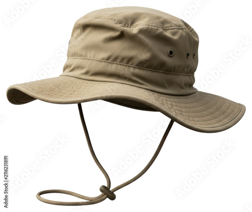 Beige outdoor wide brim sun hat with adjustable chin strap transparent background