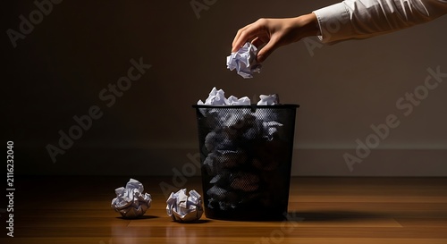 Hand throwing paper into trash bin. Discarding crumpled paper waste in office bin.
