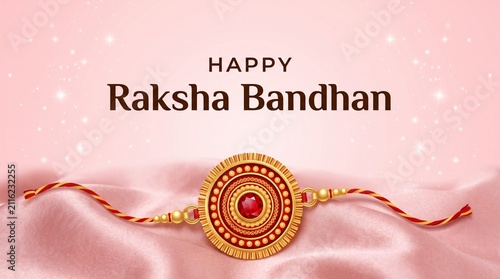 Minimalistic rakhi design with red gemstone and golden beads on silk cloth for happy raksha bandhan background representing indian sibling bond and celebration
