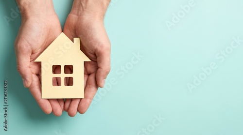 Hands holding a paper house cutout for real estate insurance and mortgage home ownership protection on blue background.