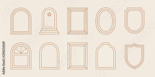 Minimalist outline frames set featuring elegant geometric shapes and vintage arch styles for wedding stationery card layouts.