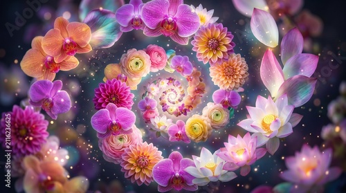 A mesmerizing spiral swirl of vibrant tropical flowers, colorful orchids, and delicate petals glowing in magical light