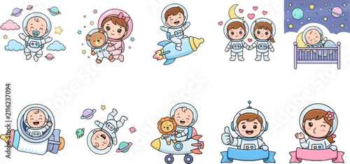 Cute baby astronaut vector clipart set with rockets, planets, and stars. Perfect for nursery decor, kids' apparel, and baby shower designs.