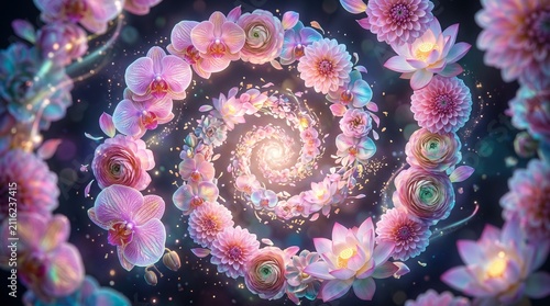 A mesmerizing cosmic spiral of delicate pink and purple flowers, evoking a sense of wonder and natural beauty