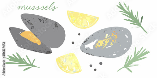 Konstfotografi Mussels And Lemon Watercolor Illustration With Rosemary Sprigs