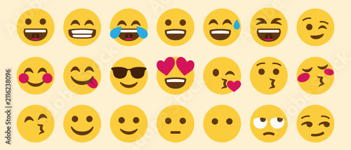 Collection of cheerful yellow emoji faces with smiling, laughing, winking, kissing, heart eyes, and playful expressions