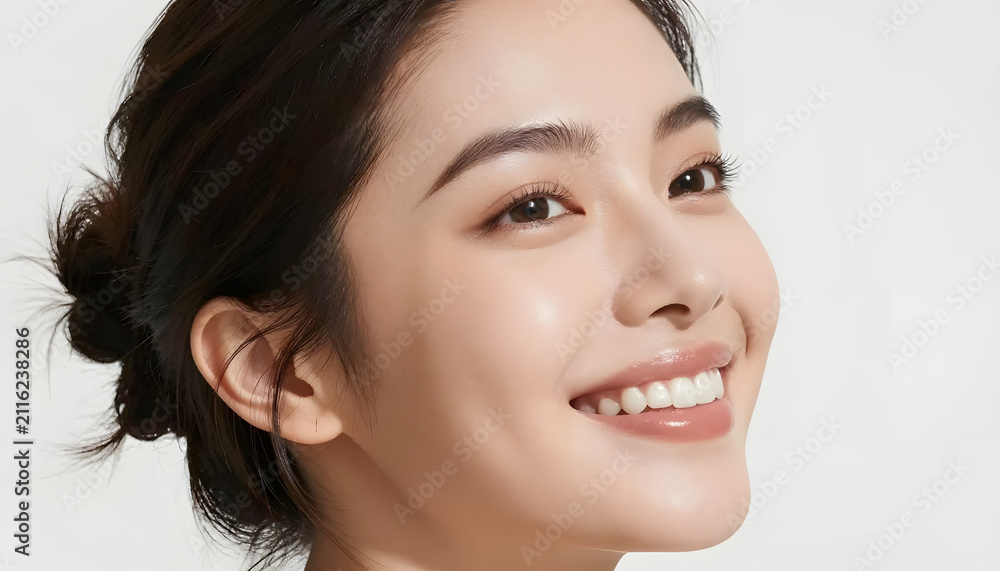 Obraz premium Smiling Young Beauty Woman with Glowing Healthy Skin, Natural Makeup and Radiant Face Portrait on White Studio Background