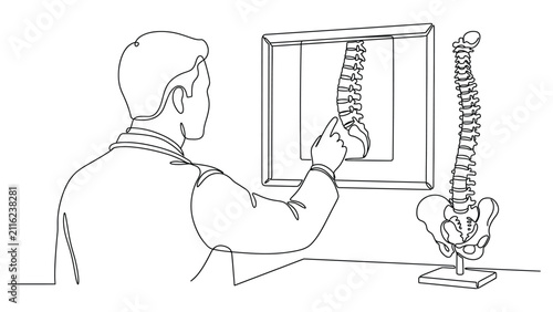 Continuous line drawing of a doctor examining a spine X-ray in a clinic.
