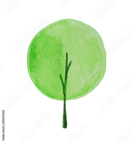 Hand-painted watercolor green tree isolated on a transparent background. Botanical illustration with a round tree crown and minimal trunk, perfect for nature, planners, greeting cards, stickers