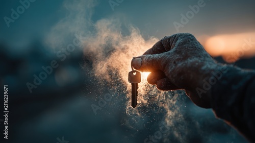 Hand holding glowing key outdoors.