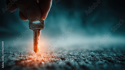 Hand holding glowing metal key.