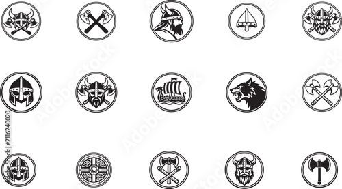 Foto Clean line art Viking helmet emblem vector set with bold warrior shield axe Norse retro graphics