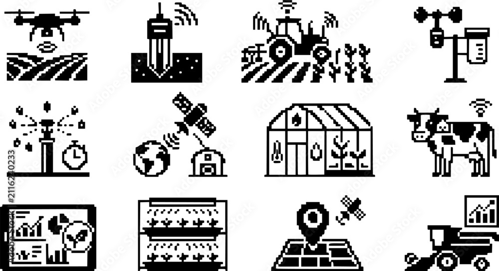 Fototapeta premium Smart agriculture pixel art icons set digital farming precision tech for modern farm.