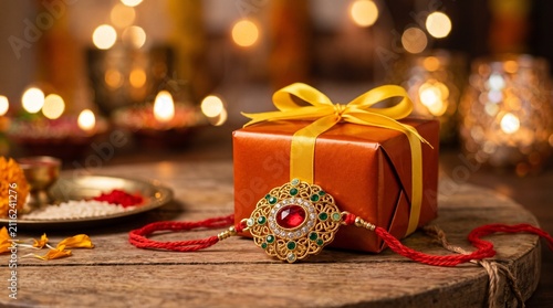 Traditional Raksha Bandhan Scene Featuring Gift Box and Rakhi Bracelet