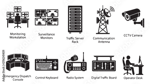 Foto Security surveillance and traffic control icons, set of 10 black vector symbols