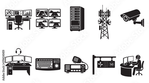 Security surveillance and telecommunications icon set, 10 black vector symbols for monitoring center, data server and broadcast technology