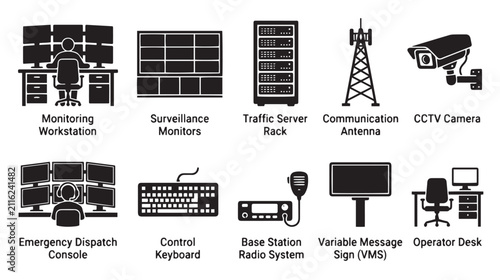 Bild auf Leinwand Surveillance and security monitoring icons set, emergency dispatch console and C