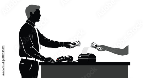 Bild auf Leinwand Side profile view vector illustration of cashier exchanging cash money with cust