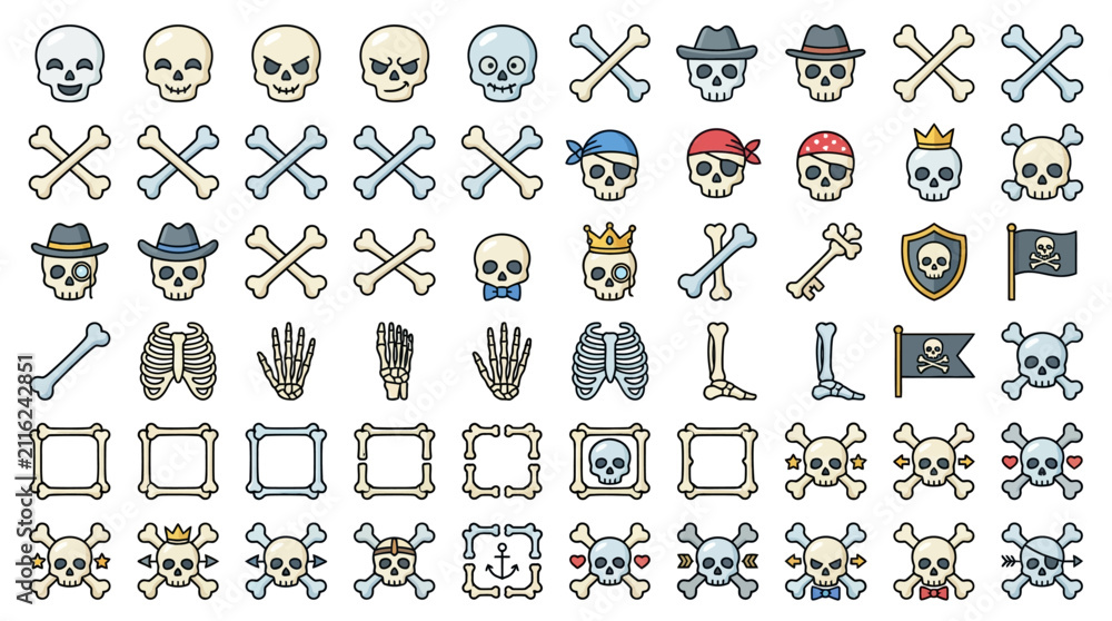 Fototapeta premium Clean Colorful Pirate Themed Icons Set with Skulls Bones Crosses Hats and Symbols for Design Projects