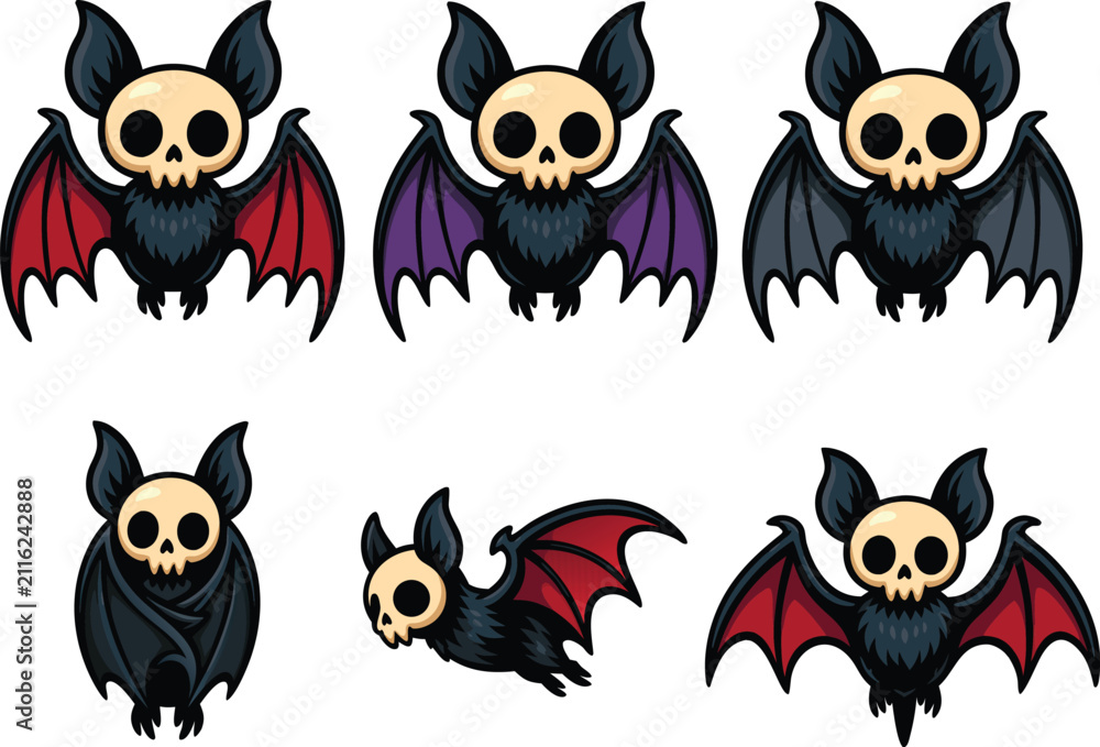 Fototapeta premium Cute cartoon bat characters with skull face and wings in different poses